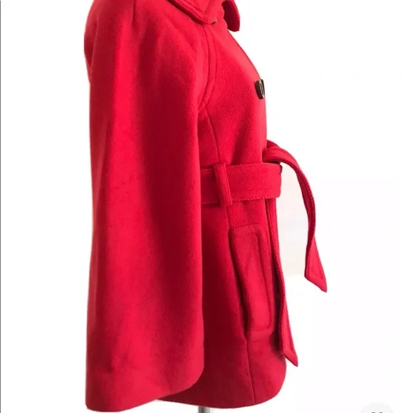 J.Crew | Bell Sleeves Double Breasted Belt Pea Coat Womens Size 2 Red Wool Blend - Picture 4 of 9